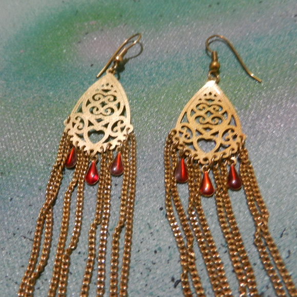 Vintage Jewelry - VTG Contempo gold pierced earrings chandelier gold tone far east exotic dusters